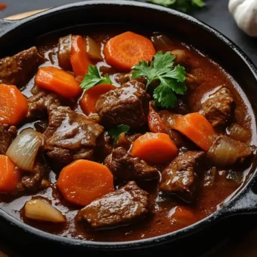 Plat de Bœuf Bourguignon avec morceaux de bœuf mijotés, carottes, oignons