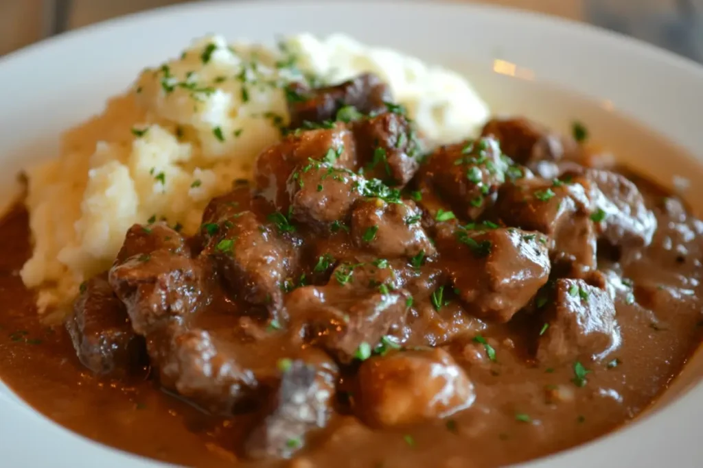 Bœuf Bourguignon servi avec une purée de pommes de terre crémeuse, nappé d'une sauce onctueuse et parsemé de persil haché.