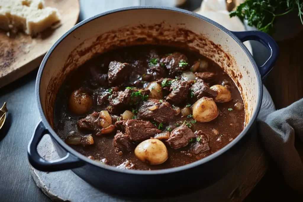Bœuf Bourguignon mijoté dans une cocotte en fonte avec pommes de terre et sauce riche, parsemé de persil frais.