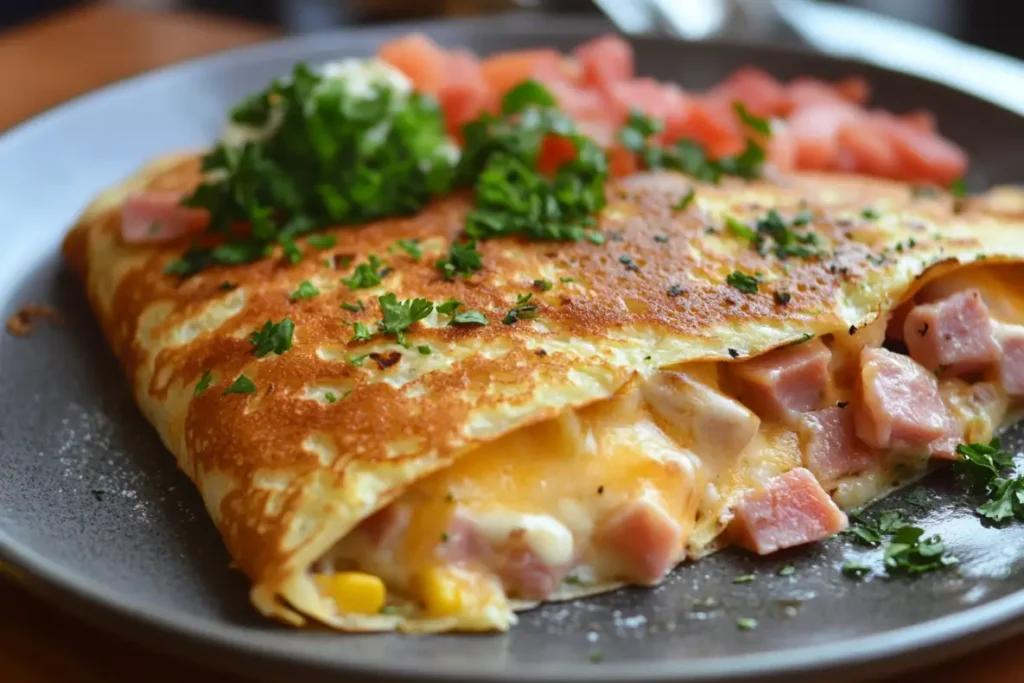 Crêpe dorée et croustillante, garnie de jambon, fromage fondu et maïs, servie avec des herbes fraîches et tomates.