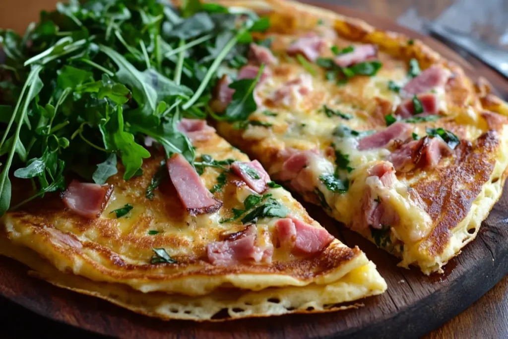 Crêpe épaisse et croustillante garnie de fromage fondu, jambon et roquette fraîche, servie sur une planche en bois.