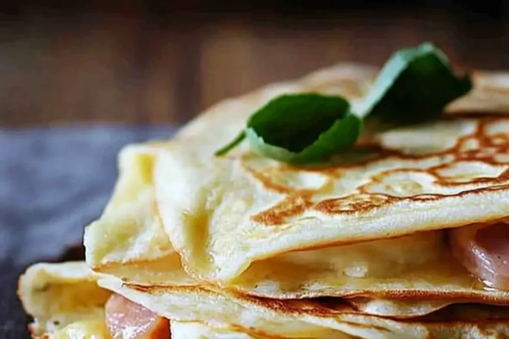 Pile de crêpes jambon fromage moelleuses, servies avec une touche de basilic pour une saveur encore plus raffinée.