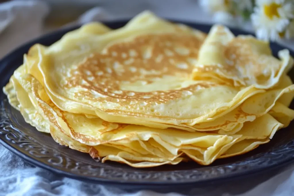 Un empilement de crêpes bretonnes dorées sur une assiette décorative, mettant en valeur leur texture fine et délicate