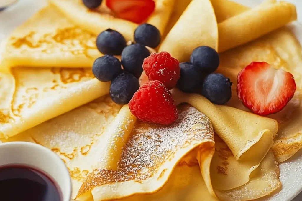 Crêpes fines et dorées servies avec des fraises, myrtilles et une tasse de fruits en accompagnement.