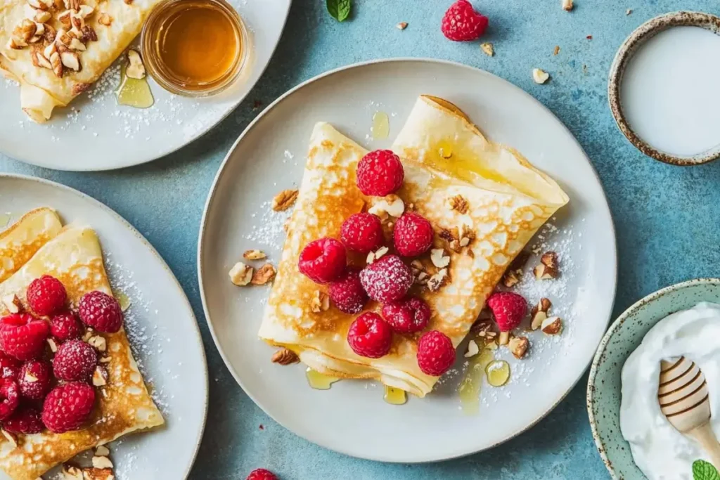 Assiette blanche contenant des crêpes dorées et moelleuses à la Maïzena, garnies de framboises fraîches, de noix concassées et d’un filet de miel. Fond bleu pastel avec une mise en scène soignée, accompagnée d’un bol de crème fouettée et d’un petit pot de miel.