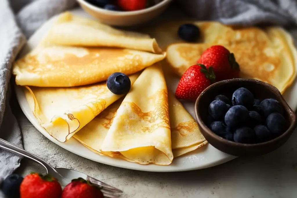 Délicieuses crêpes dorées sans gluten, pliées et servies avec des fraises et des myrtilles fraîches.