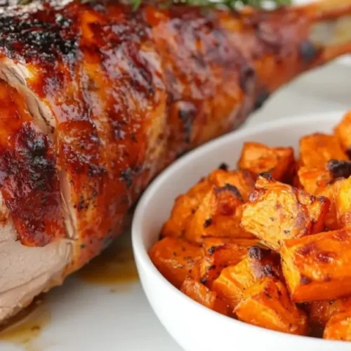 Gros plan sur une cuisse de dinde rôtie et juteuse, accompagnée de patates douces croustillantes servies dans un bol blanc, avec un brin de romarin.