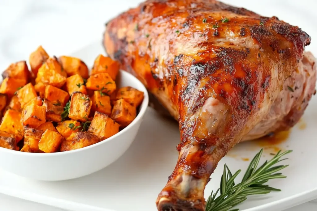 Cuisse de dinde rôtie dorée et juteuse sur une assiette blanche, accompagnée de patates douces rôties en cubes, avec une touche de romarin