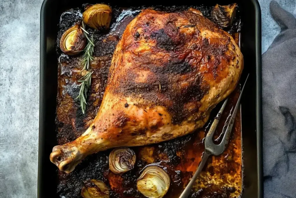Cuisse de dinde rôtie dans un plat de cuisson avec des oignons dorés, du romarin et un jus de cuisson savoureux.