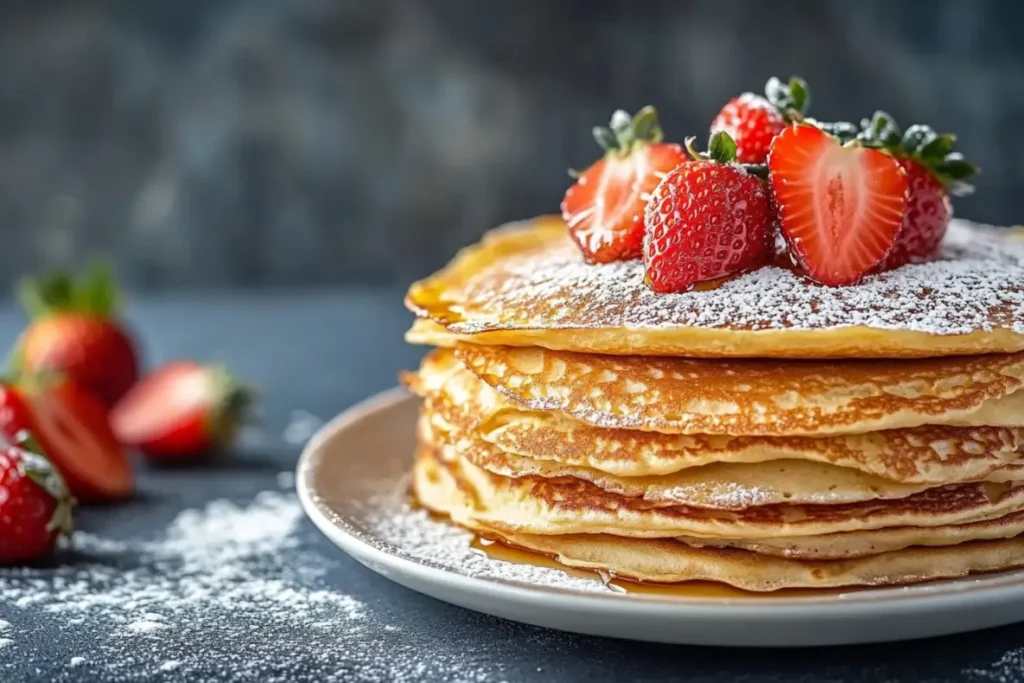Empilement de pancakes dorés et légers à la Maïzena, recouverts de sucre glace et décorés de fraises fraîches coupées en deux, avec un filet de sirop coulant sur les bords. Fond sombre pour une ambiance gourmande et contrastée
