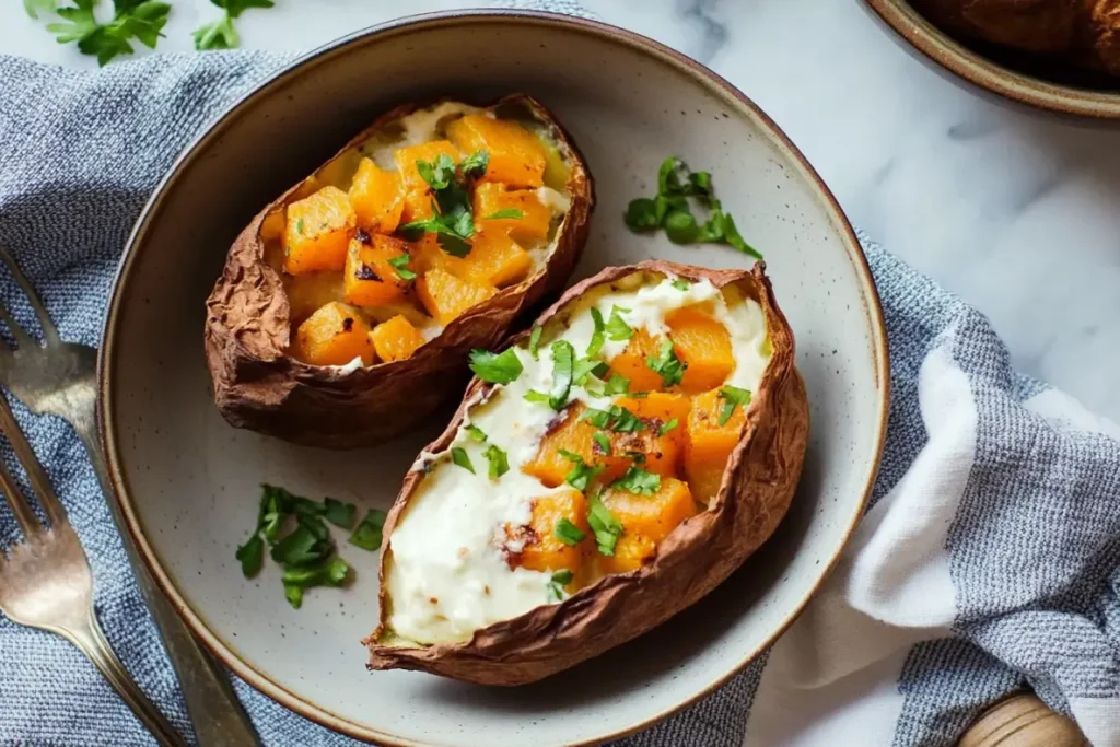 Patate douce cuite au four, garnie de fromage fondant et de coriandre fraîche, servie dans une assiette rustique