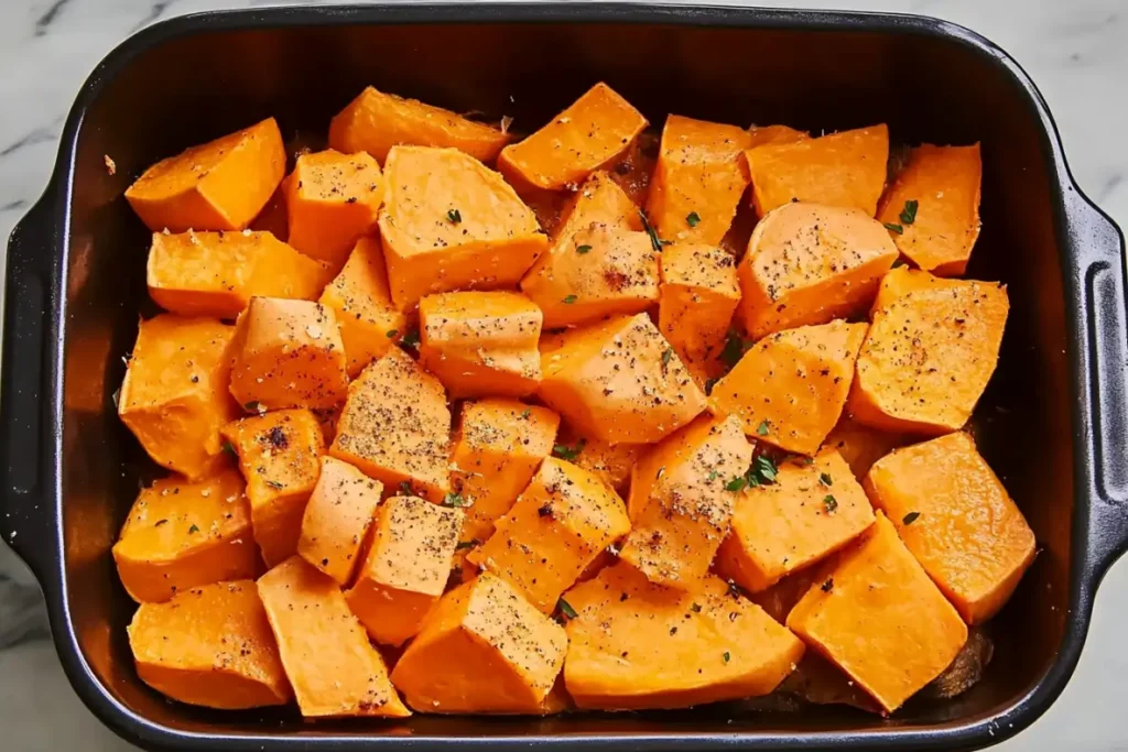 Dés de patates douces assaisonnées avec du poivre et des herbes, prêts à être rôtis au four dans un plat noir