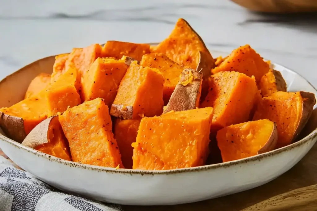 Patates douces rôties avec la peau, légèrement assaisonnées, servies dans une assiette blanche sur un fond marbré