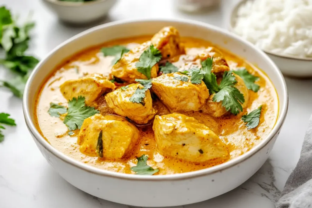 Plat de poulet au curry crémeux garni de coriandre fraîche, accompagné de riz blanc