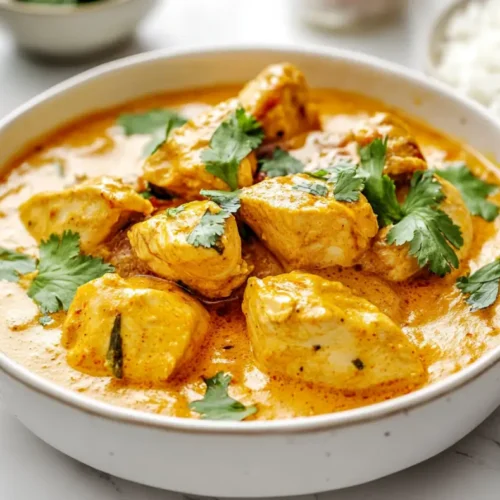 Plat de poulet au curry crémeux garni de coriandre fraîche, accompagné de riz blanc