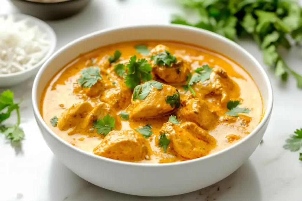 Bol de poulet au curry crémeux garni de coriandre fraîche, accompagné de riz basmati en arrière-plan