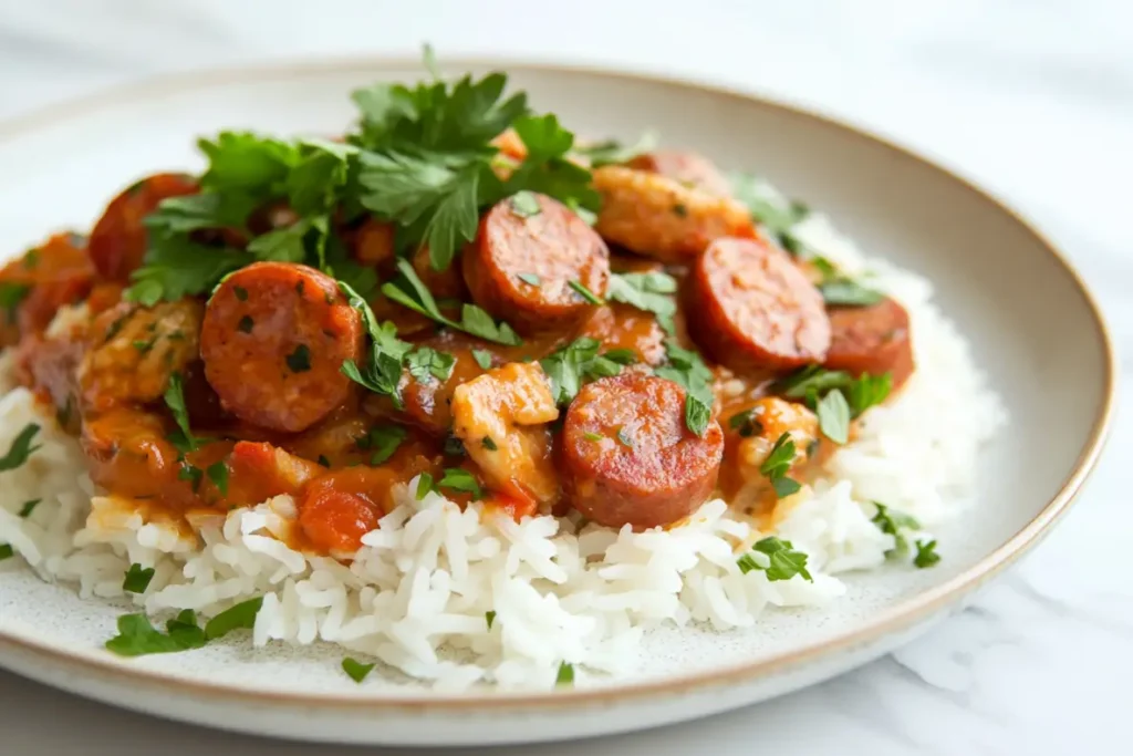 Une assiette de riz recouverte d'un mélange savoureux de rondelles de saucisses mijotées dans une sauce tomate épicée, garnie de persil frais pour une touche authentique