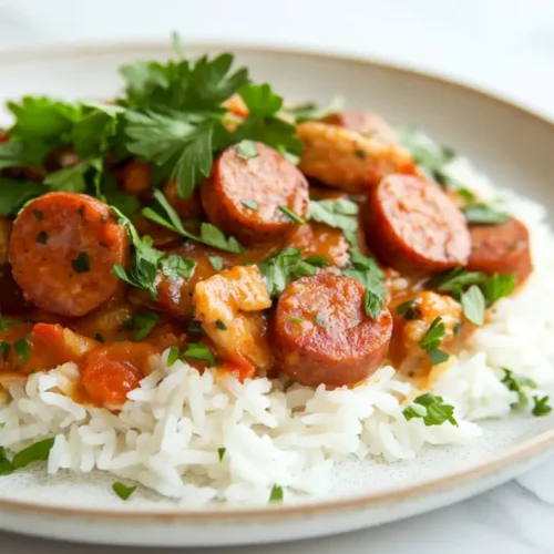 Une assiette de riz recouverte d'un mélange savoureux de rondelles de saucisses mijotées dans une sauce tomate épicée, garnie de persil frais pour une touche authentique