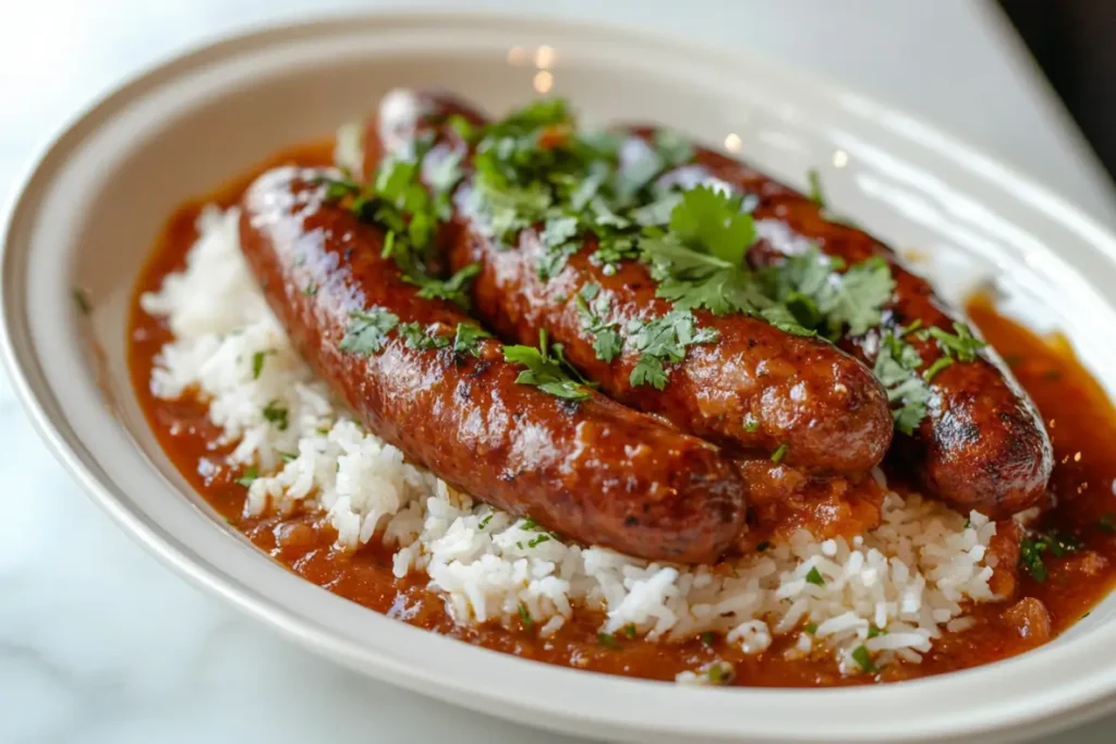 Gros plan sur une assiette de Rougail Saucisse avec des morceaux de saucisse mijotés dans une sauce tomate épicée, servis avec du riz blanc et parsemés de coriandre fraîche