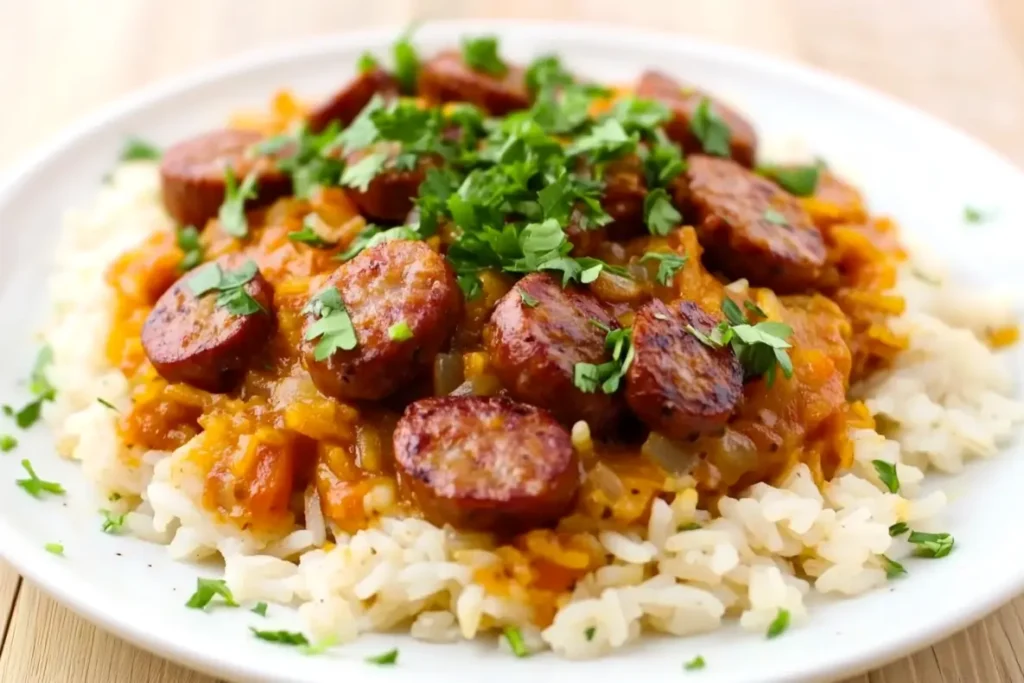 Assiette de Rougail Saucisse créole, servie avec du riz basmati et garnie de coriandre fraîche, le tout nappé d’une sauce tomate épicée