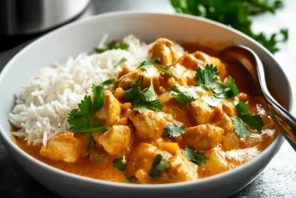 Bol de poulet au curry garni de coriandre, accompagné de riz basmati
