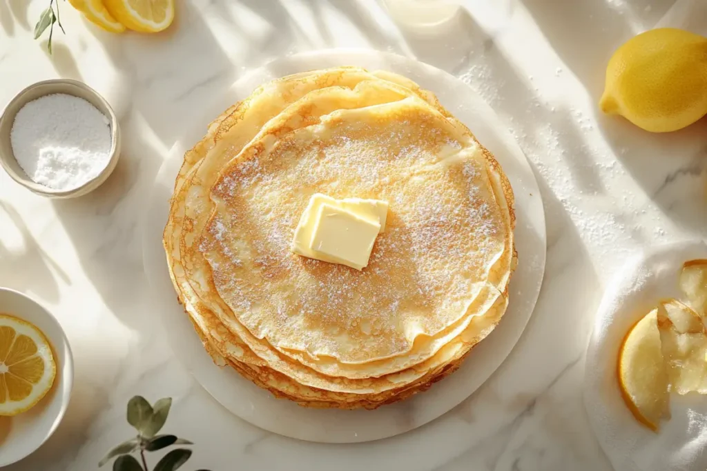 Un empilement parfait de crêpes sur une assiette en marbre, saupoudré de sucre glace et surmonté d’un morceau de beurre fondant