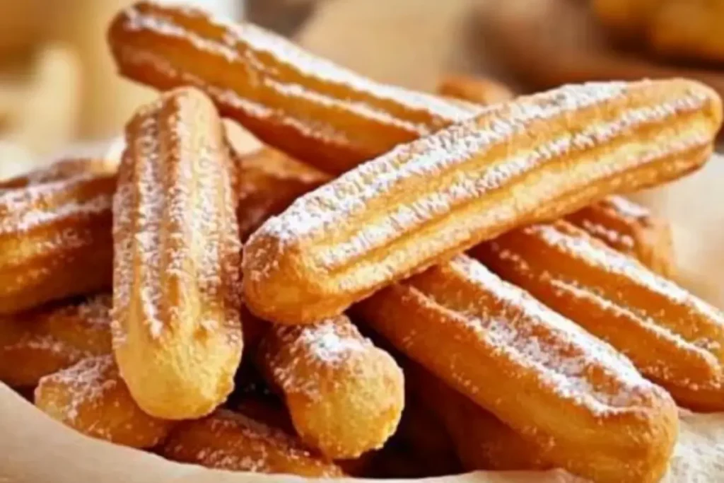 Churros maison dorés croustillants avec une fine couche de sucre glace, sur un fond minimaliste et lumineux