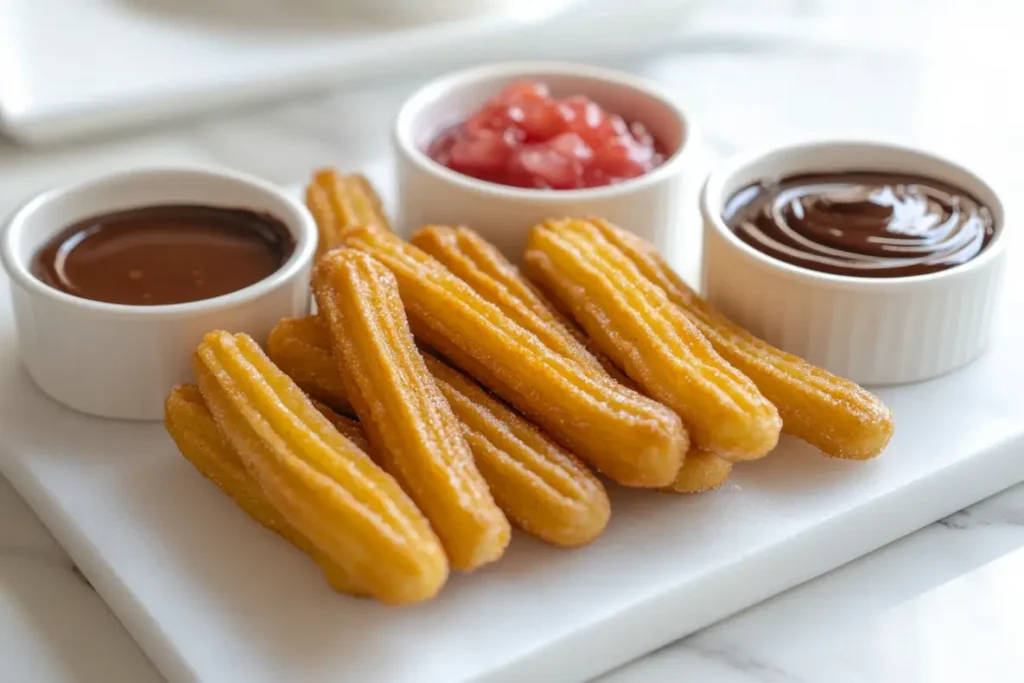 Churros dorés servis avec trois sauces : chocolat, caramel et fruits frais dans des ramequins modernes