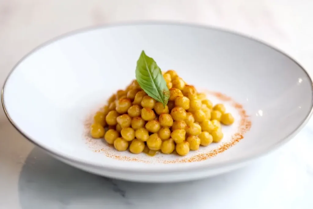 Pois chiches servis dans un bol moderne et minimaliste avec du persil frais, capturés dans un environnement de cuisine lumineux