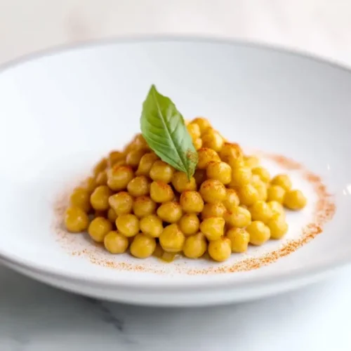 Pois chiches servis dans un bol moderne et minimaliste avec du persil frais, capturés dans un environnement de cuisine lumineux